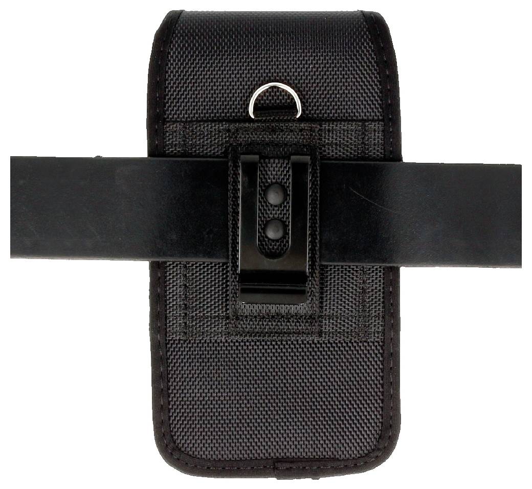A black fabric phone holster with a metal clip and a belt loop, designed for secure attachment to a belt or strap.