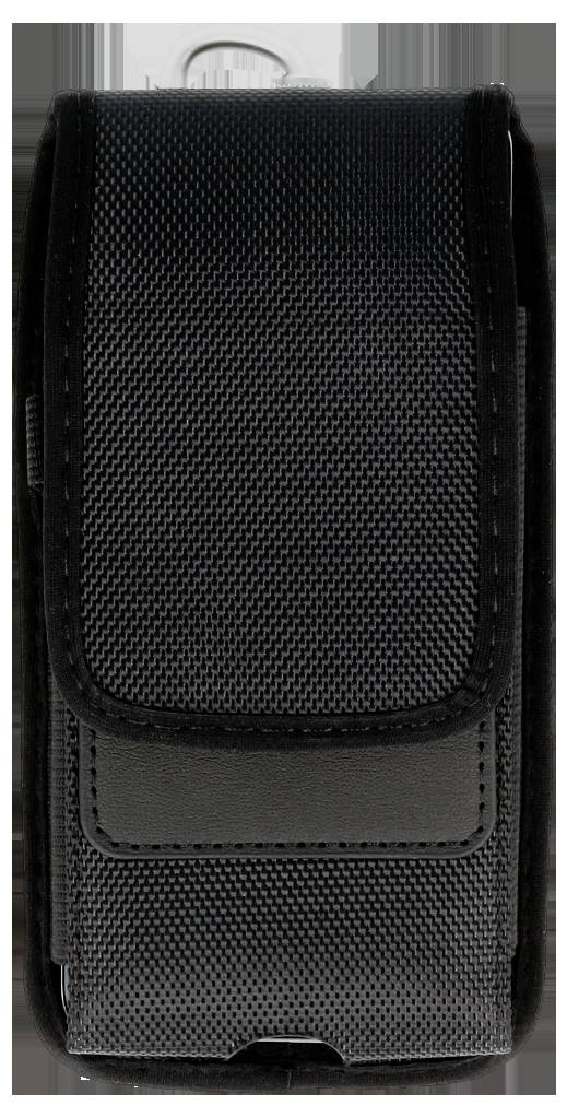 A black textured phone case with a flap cover designed for belt attachment, used for carrying and protecting mobile devices.