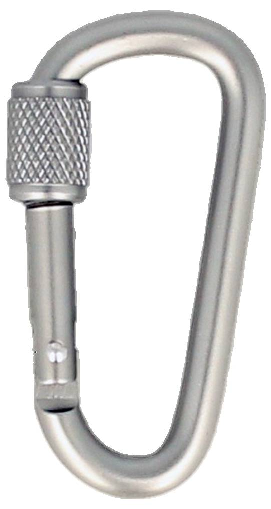 A silver carabiner with a screw-lock mechanism, partially open, used for climbing or securing items.