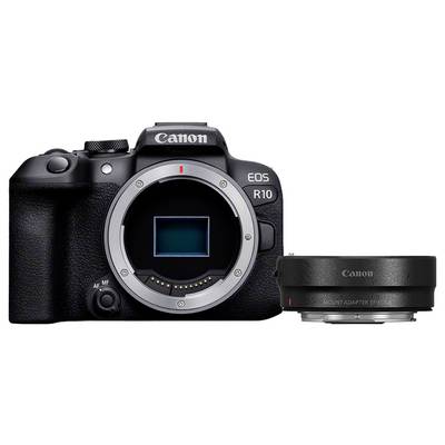 Canon EOS R10 camera body with a lens mount adapter placed beside it.