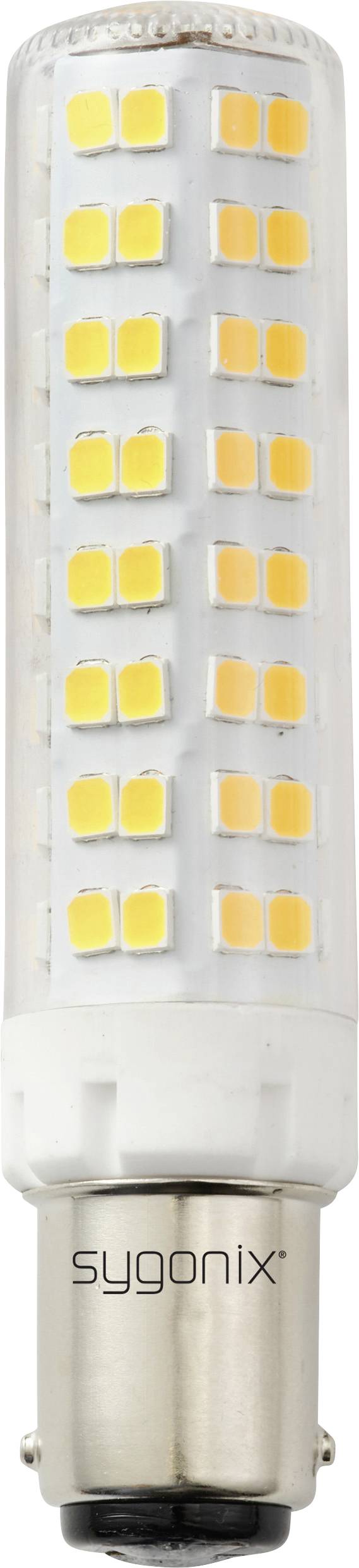 A cylindrical LED light bulb with a B22 base, branded 'sygonix'. It has multiple yellow LED chips arranged in a grid pattern.