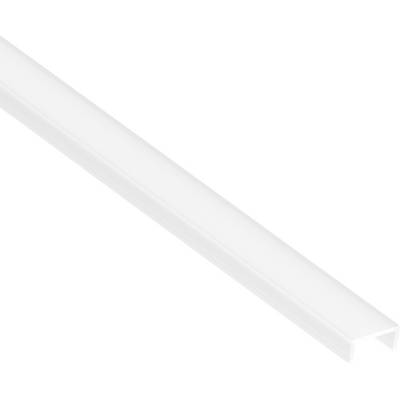 A white plastic corner guard with a right angle, used for protecting edges and corners of surfaces.