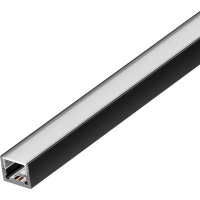 A black LED strip light with connectors exposed at one end, housed in an aluminum channel with a diffused cover, used for lighting.