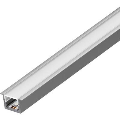 Aluminum LED channel with a frosted cover, showcasing internal LED strip. Designed for housing lights in installations, enhancing aesthetics.