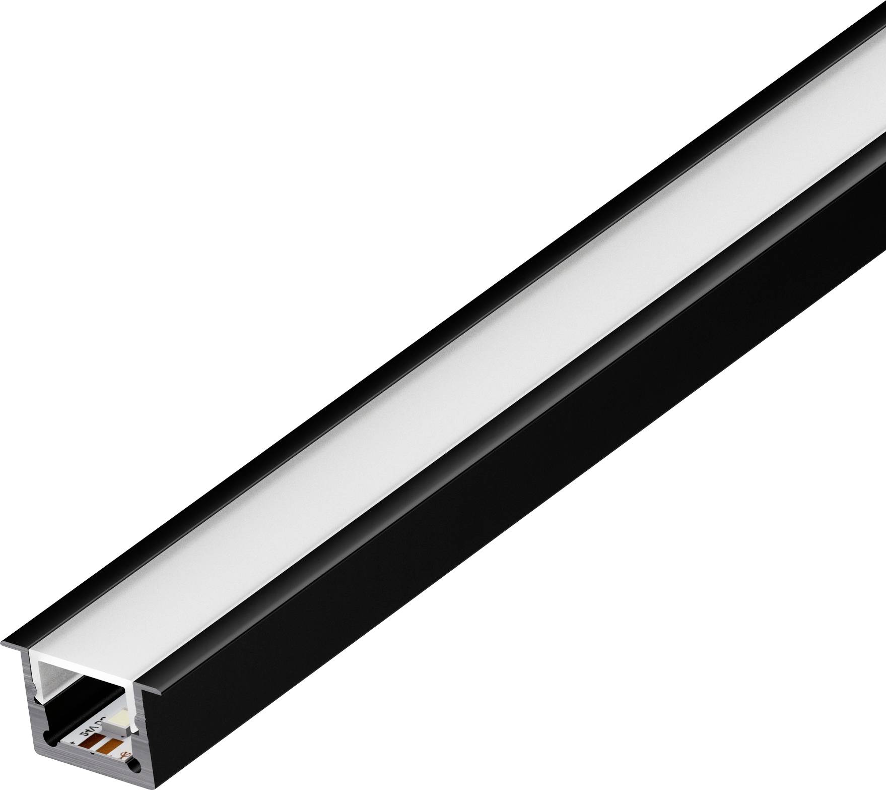 A black linear LED profile with a frosted cover, designed for housing LED strips, commonly used for ambient or task lighting.