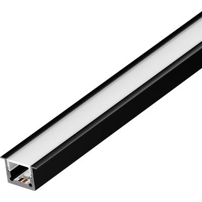 A black linear LED profile with a frosted cover, designed for housing LED strips, commonly used for ambient or task lighting.