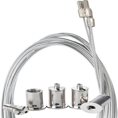 Metal cable system with various attachments, connectors, and stainless steel fittings for suspension purposes.