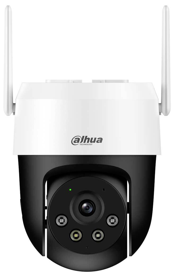 A security camera with brand logo, featuring multiple lenses and two antennas, designed for surveillance purposes.