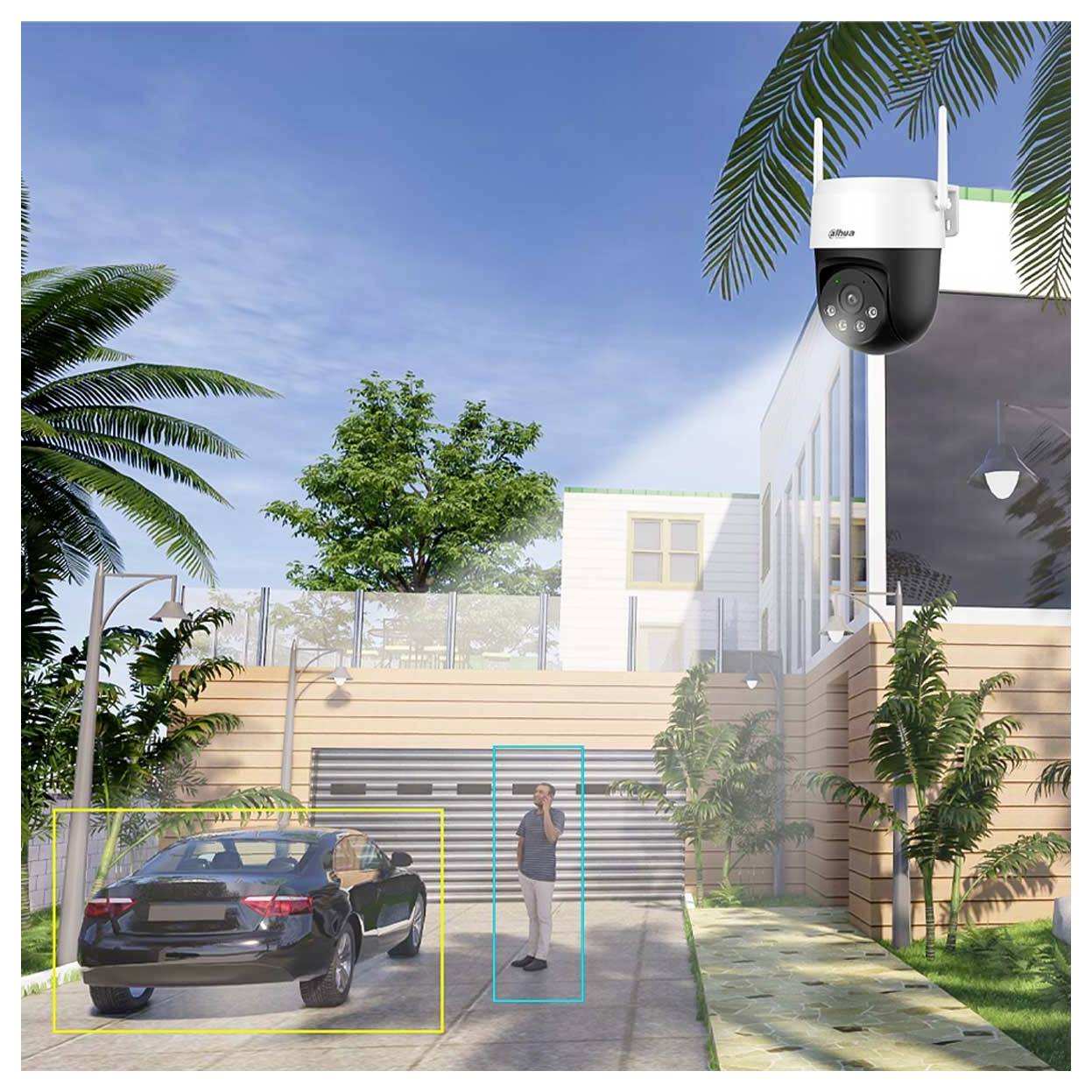 A surveillance camera monitors a person standing near a car outside a modern house, emphasizing security and observation.
