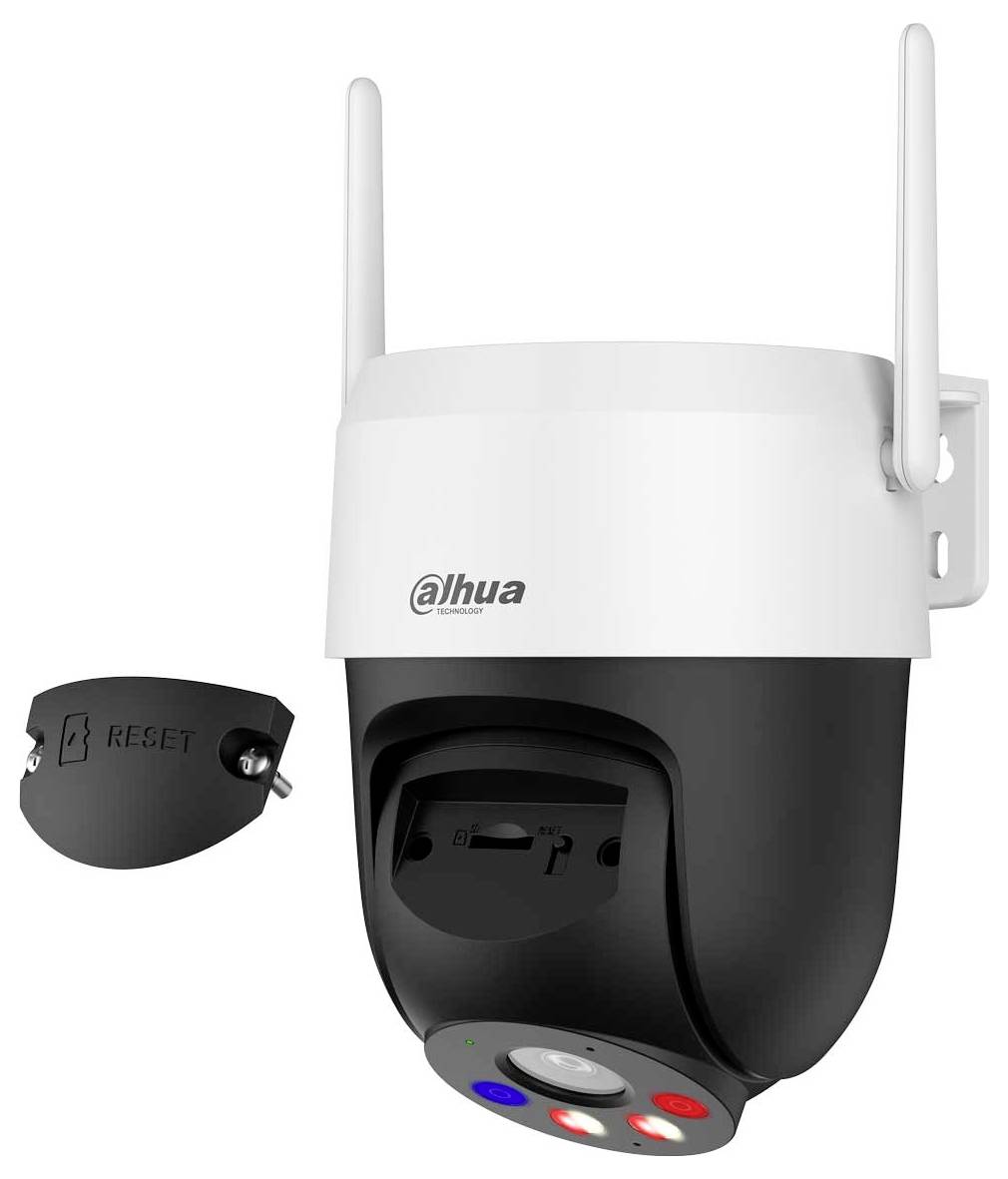 Security camera with dual antennas, featuring a main lens and reset button cover. Camera body is black and white with control buttons.