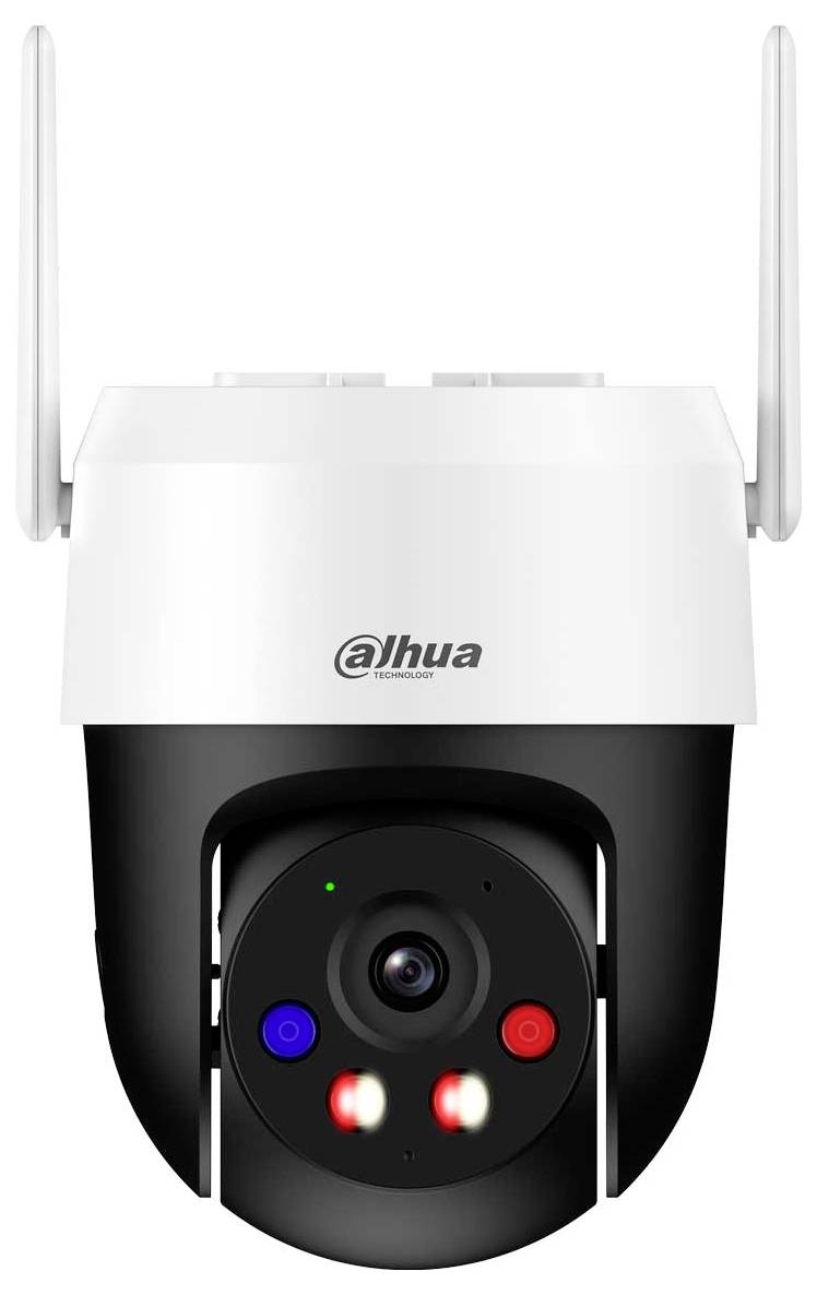 A security camera with dual antennas and lens, featuring night vision capability, branded with 'dahua' on the casing.