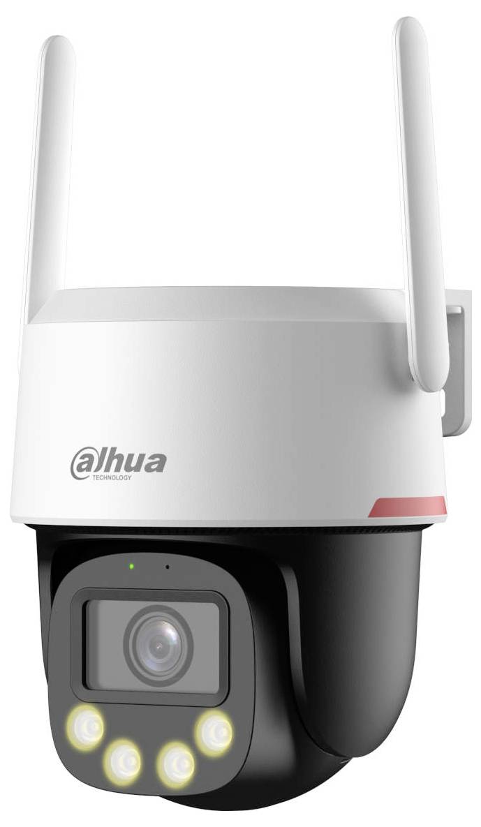 A dome security camera with two antennas, featuring a lens and four infrared lights, labeled with the brand 'Dahua Technology.'