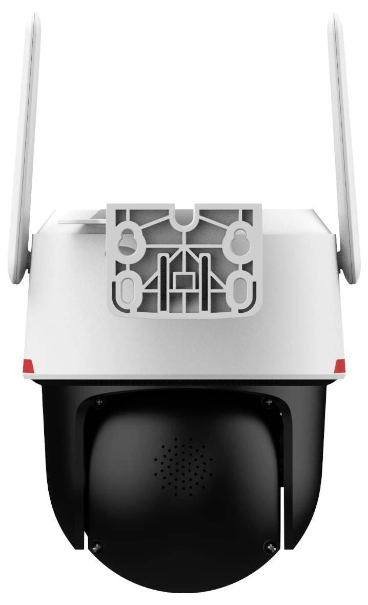 'A surveillance camera with antennas and a mounting bracket, designed for outdoor use, featuring a black spherical lens housing.'