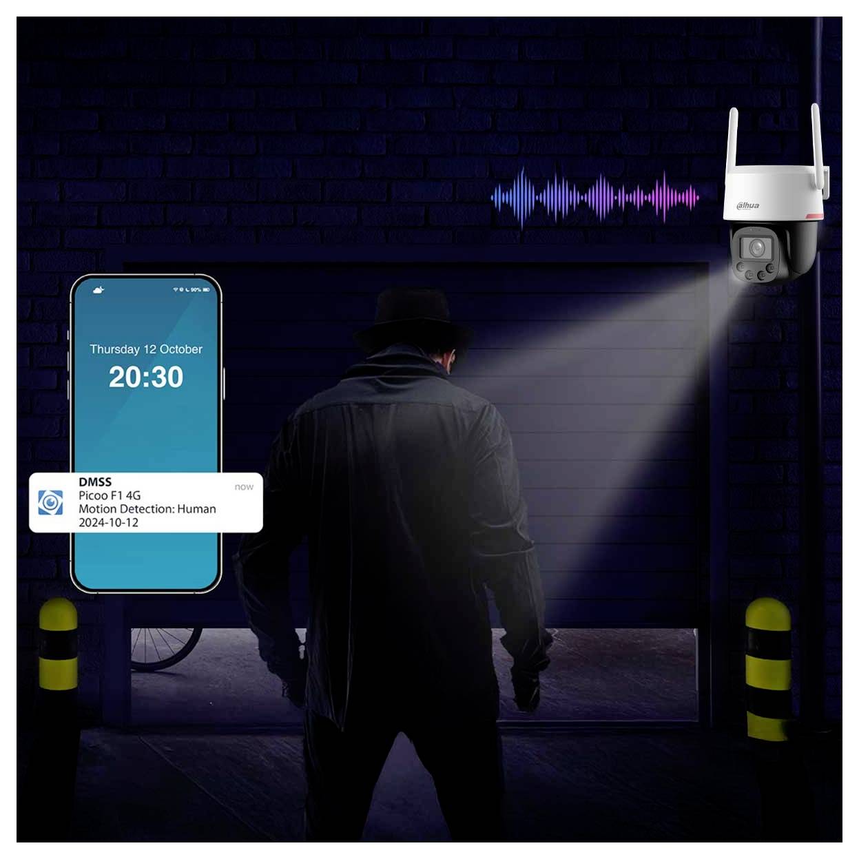 A person in a dark coat is seen from behind approaching a security camera while holding a phone. The camera detects human motion.