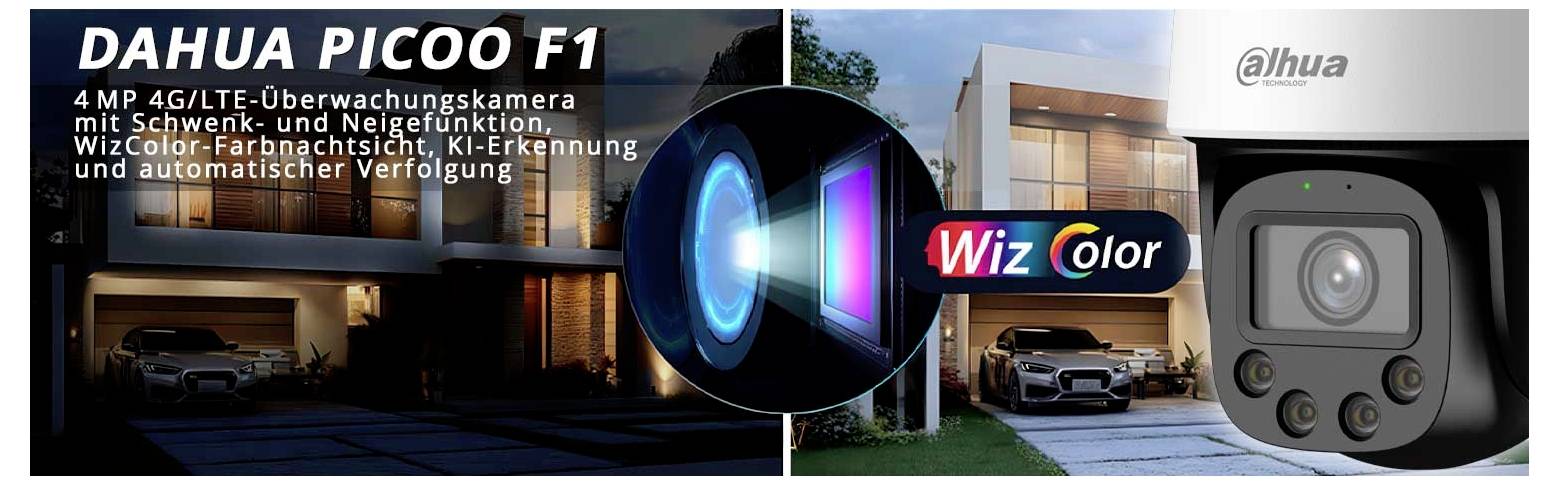 'DAHUA PICOO F1 4 MP 4G/LTE surveillance camera with pan and tilt, WizColor technology, AI recognition, automatic tracking.' Shows camera and house.