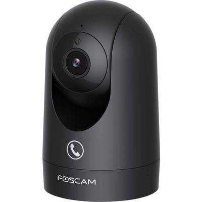 A black Foscam surveillance camera with a spherical design featuring a central lens and a branding logo at the base.
