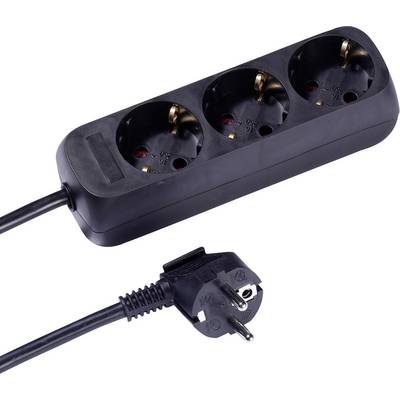 A black three-socket power strip with a plug connected, used for distributing electricity to multiple devices.