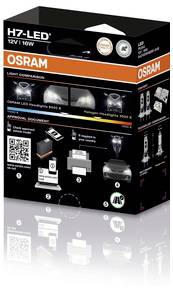 'OSRAM H7-LED' bulb package showing product comparison with halogen headlights, features, and compatible vehicles diagram.