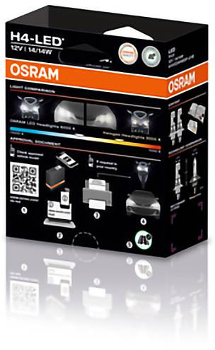 Box for OSRAM H4-LED automotive headlight bulb, showcasing product images, features, and a QR code for more information.