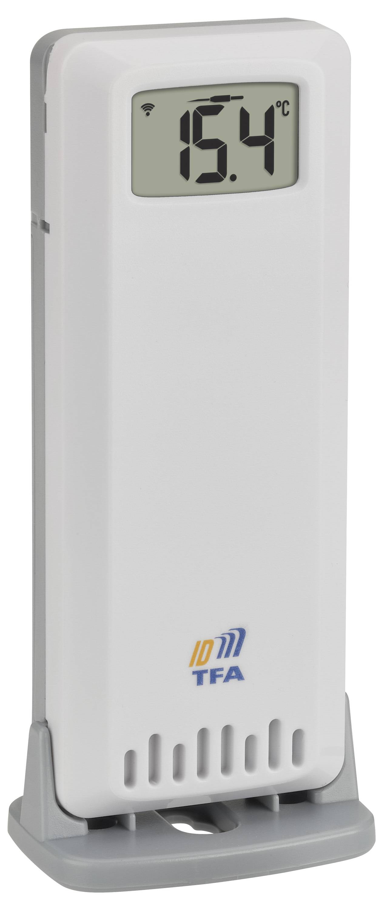 A digital thermometer showing a temperature of 15.4°C, placed on a gray stand with 'TFA' branding below the display.