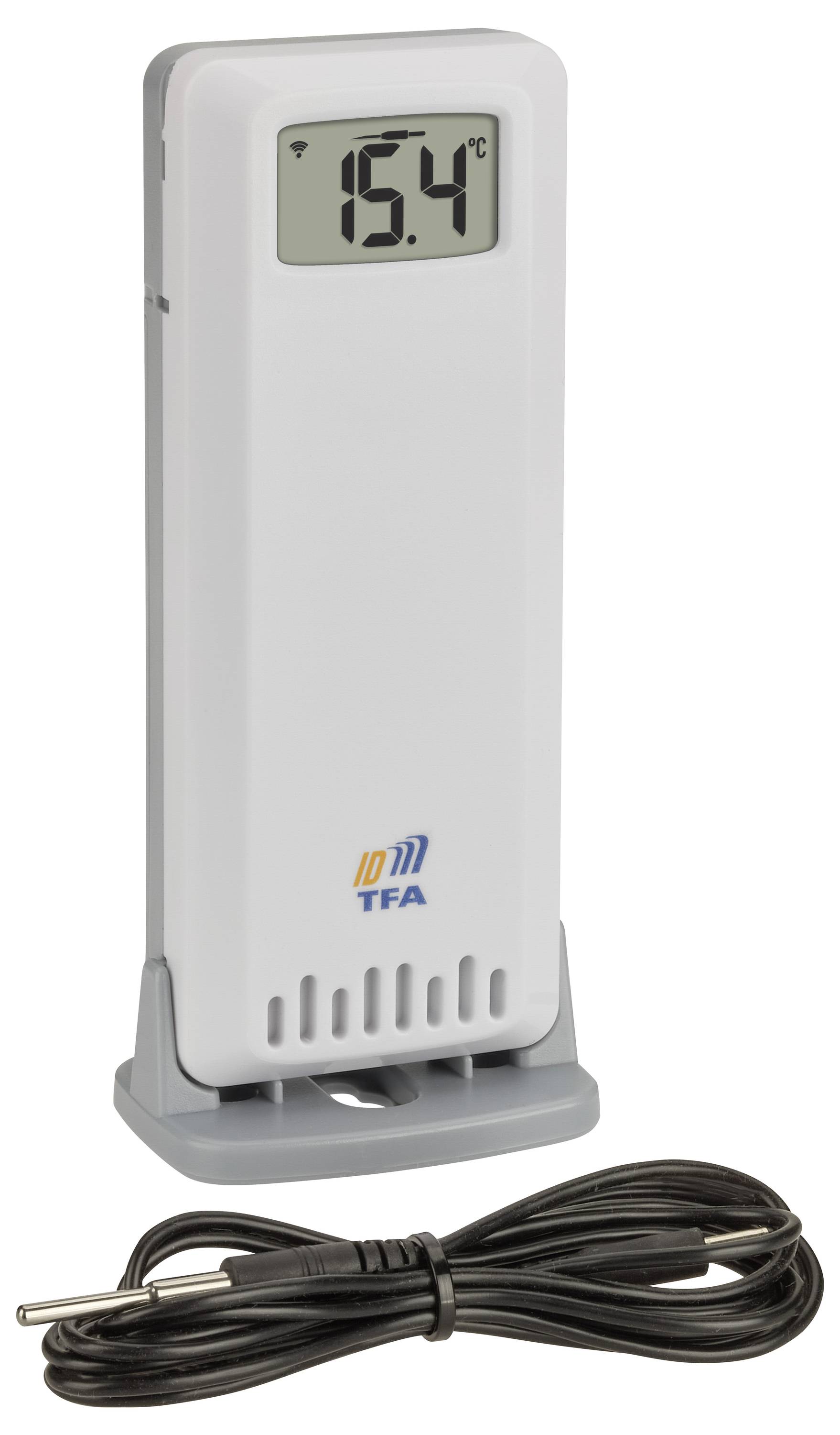 A digital thermometer display showing '15.4°C', with a white casing, a stand, and an external sensor attached by a cable.