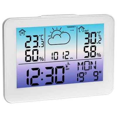 A digital weather station screen displays indoor temperature of 23.5°C, 60% humidity, outdoor temperature of 30.5°C, 58% humidity, pressure tendency, time at 12:30, and day as Monday 18th.