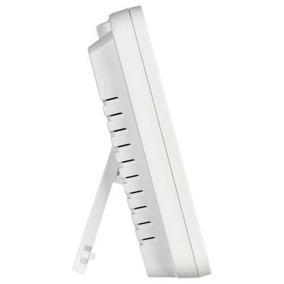 A white, rectangular electronic device viewed from the side with vents and a foldable stand on the back.