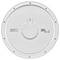 Round white speaker with visible circular mounting bracket and text detailing specifications on the outer edge.