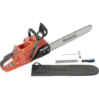 An orange Makita chainsaw is displayed alongside a wrench, screwdriver, and black blade cover, suggesting a tool or maintenance setup.