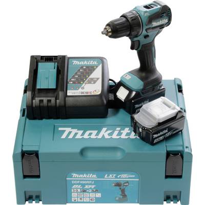 A Makita cordless drill set with a drill, battery charger, battery, and carrying case, showcasing a power tool product kit.