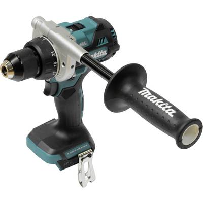 A cordless drill with a side handle and metal clip attached, featuring a black and teal color scheme with the 'Makita' logo visible.