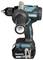 A cordless power drill with a side handle, featuring 'Makita' branding, shown front-facing.