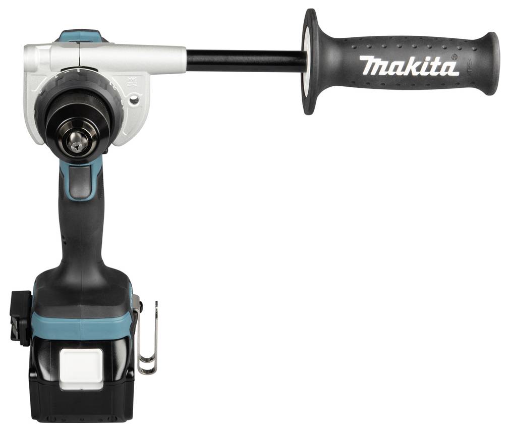 A black and teal power drill with a side handle reads 'Makita' on the grip, indicating its brand.