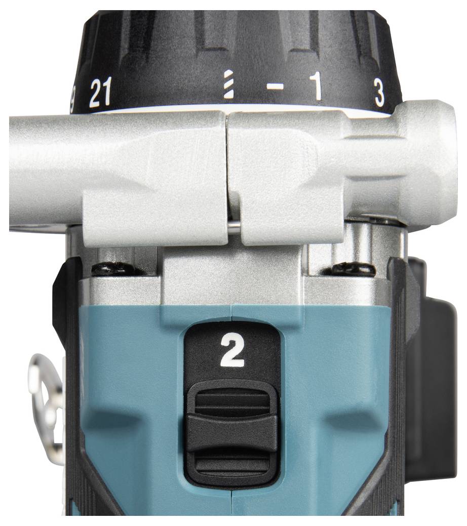 Close-up of a power tool's top section showing a numbered dial and a switch, indicating adjustable settings for operation.