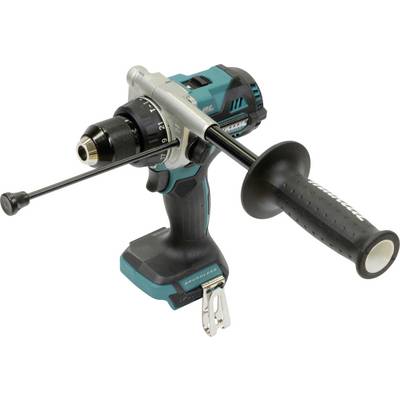 A teal and black cordless drill with a side handle and metal belt clip, featuring a keyless chuck and adjustable torque settings.