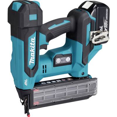 A blue and black Makita cordless nailer with a battery pack, featuring a compact design and ergonomic handle.