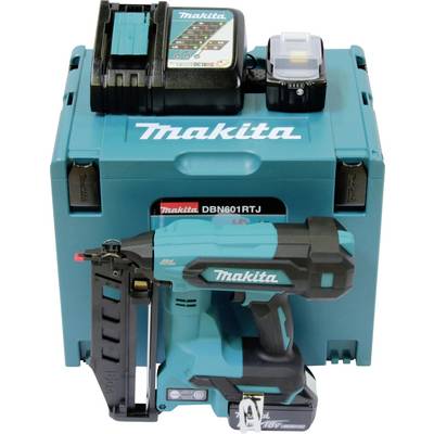 A blue Makita cordless brad nailer set, including a charger and battery, placed on a storage case.
