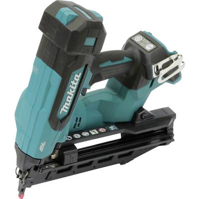 Cordless teal and black nail gun labeled 'Makita,' angled view showing the grip, battery slot, and metal nailing area with safety symbols.
