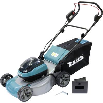 Cordless electric lawn mower in teal and black, with a rear grass collection bag and manufacturer's logo on the side.