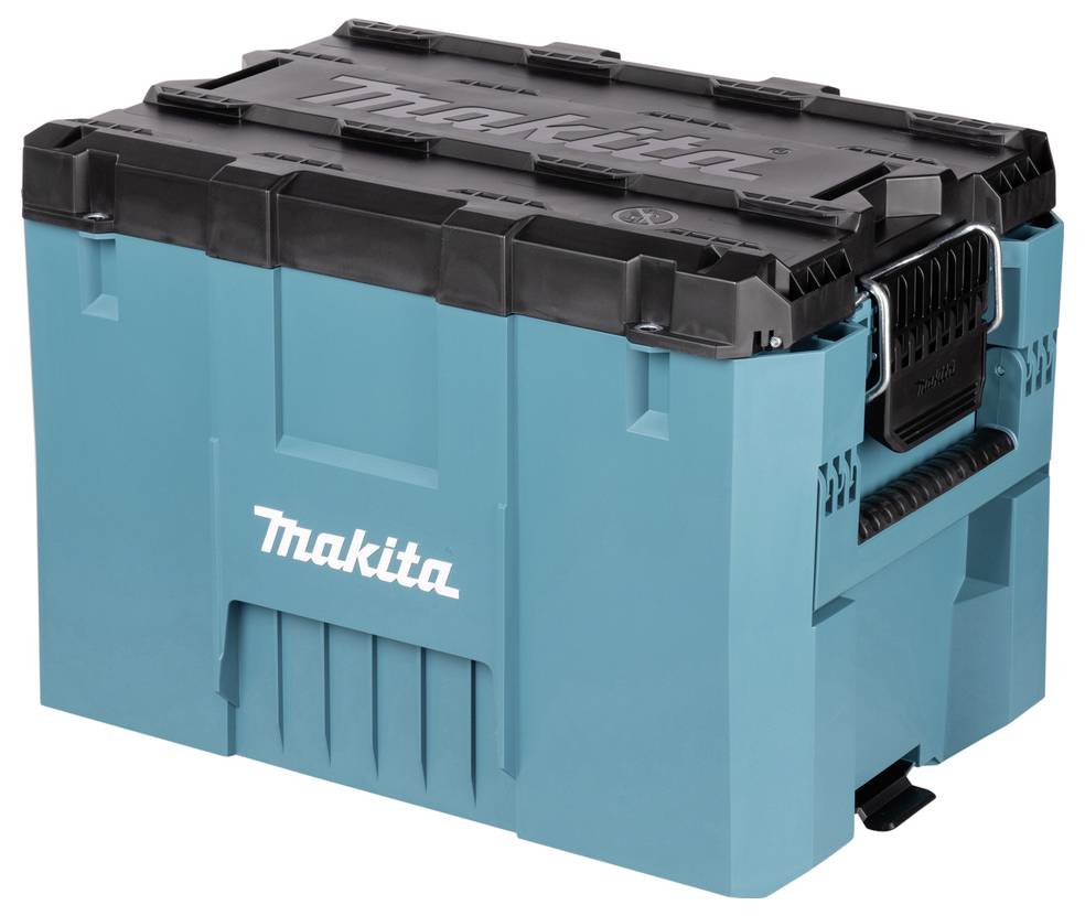 A blue and black tool storage box with a branded logo on the side, featuring sturdy handles and a latch for secure closure.