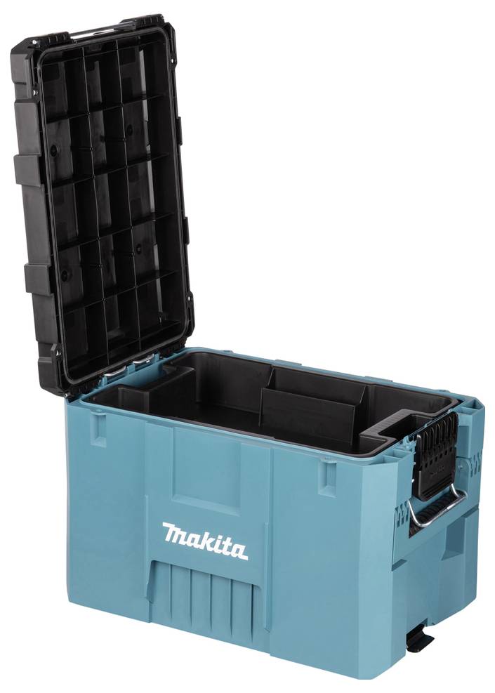 Open blue Makita toolbox showing compartmentalized interior, designed for organizing tools and accessories.
