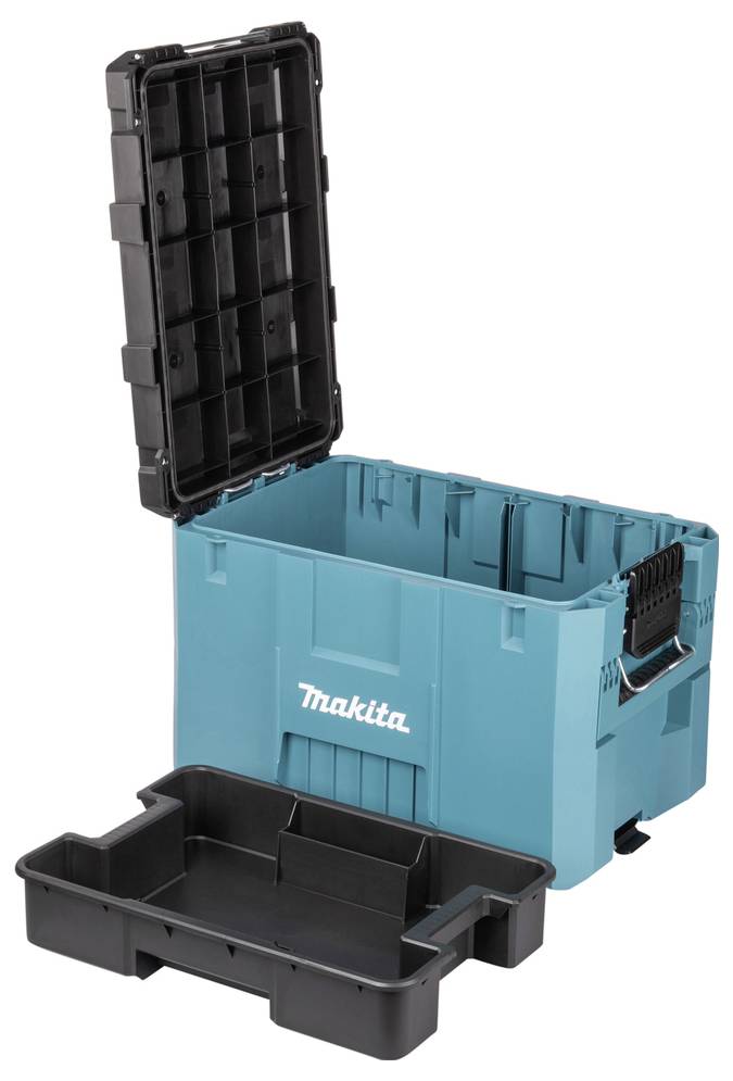 Open blue and black tool storage box with removable tray, featuring a handle for carrying.