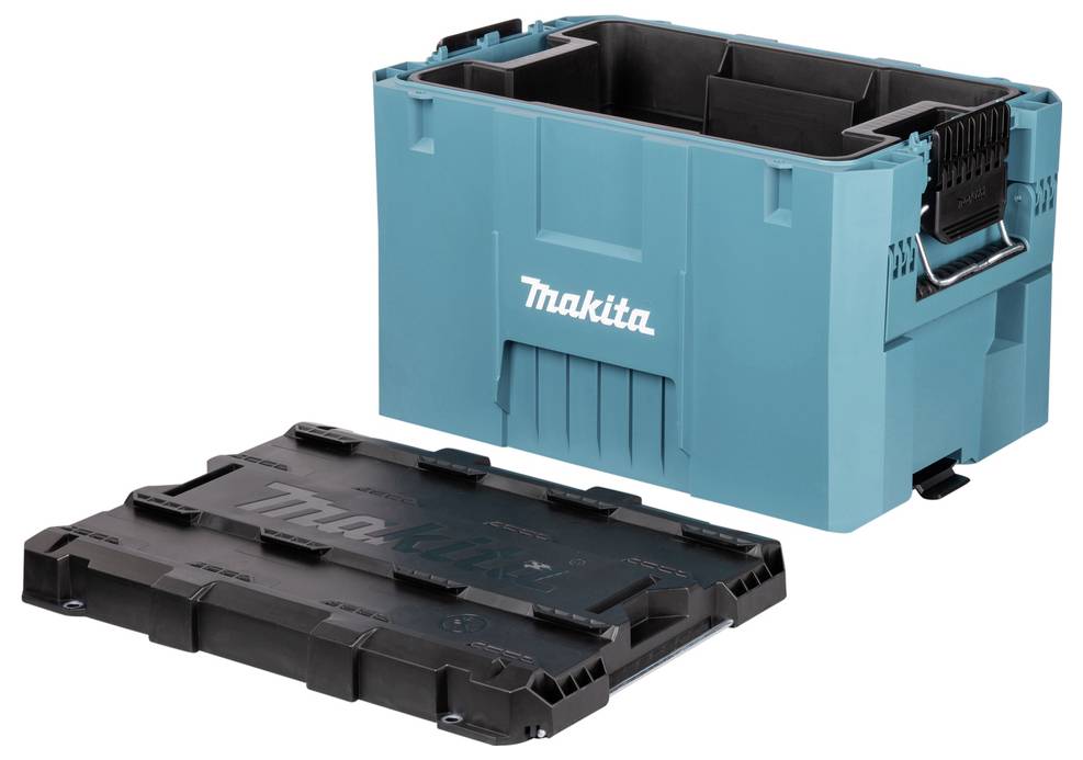 A blue Makita storage box with an open top is next to a detached black lid, designed for tool organization and easy transport.
