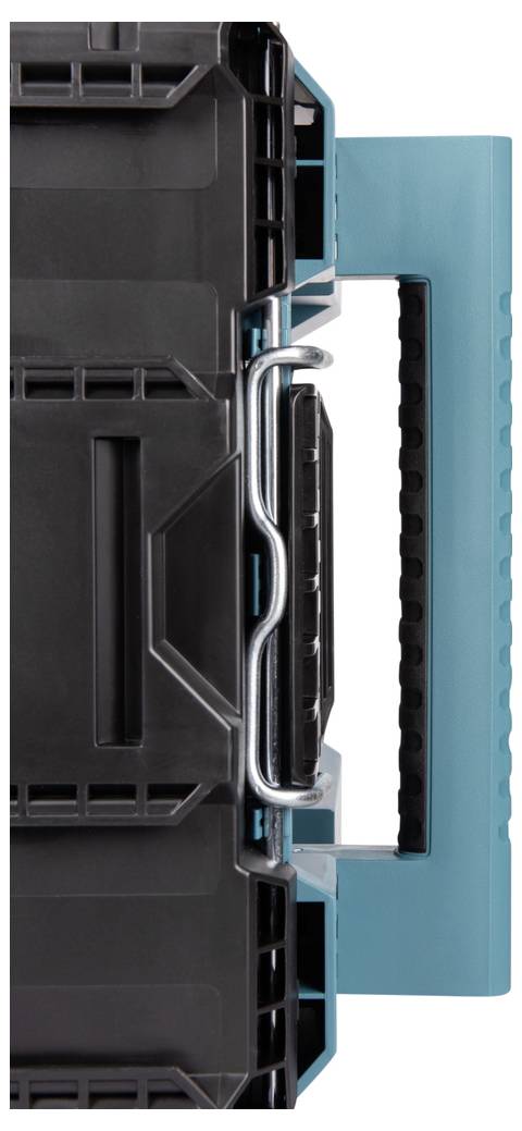 A plastic toolbox in teal and black viewed from the side showing the handle prominently.