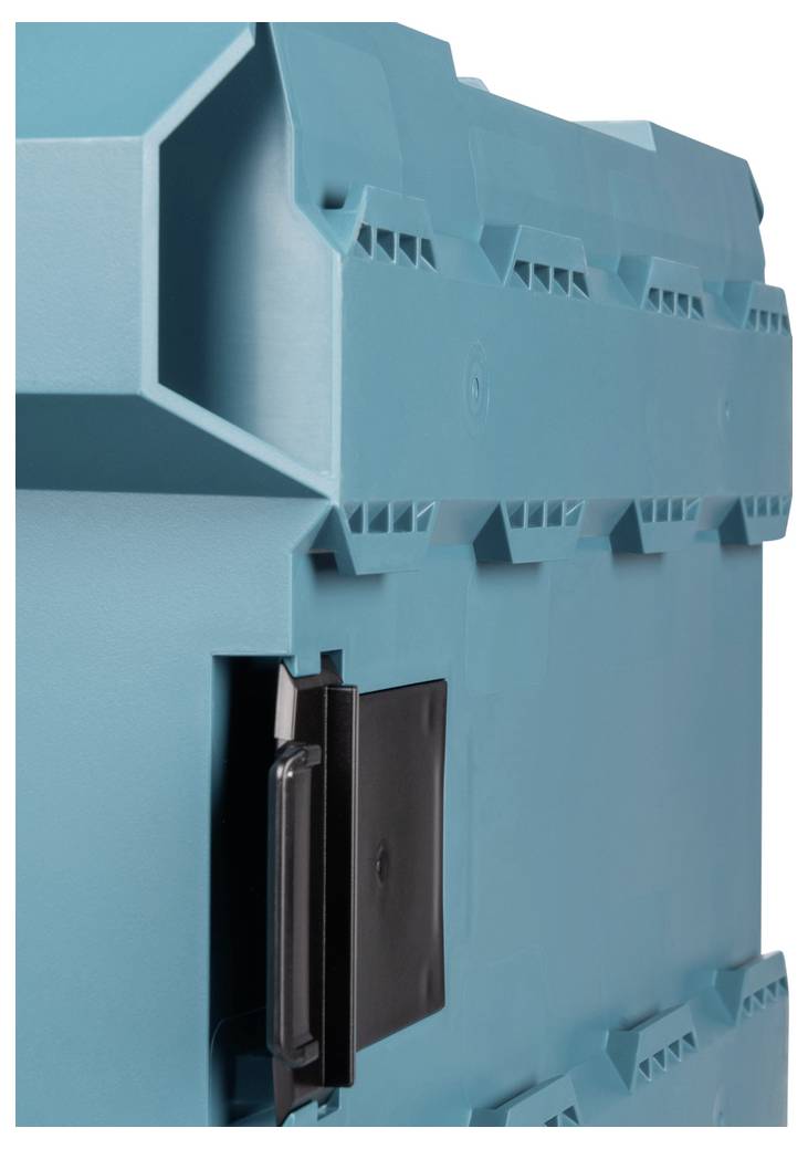 A close-up image of a teal storage container with a black latch. The design features geometric patterns on the lid and sides.