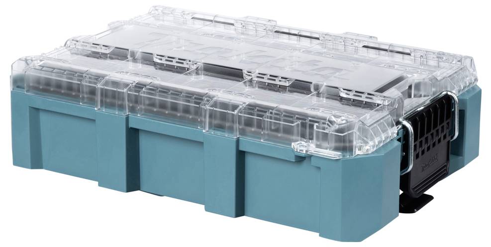 Teal and transparent plastic storage case with black latches, suitable for organizing tools or small items.