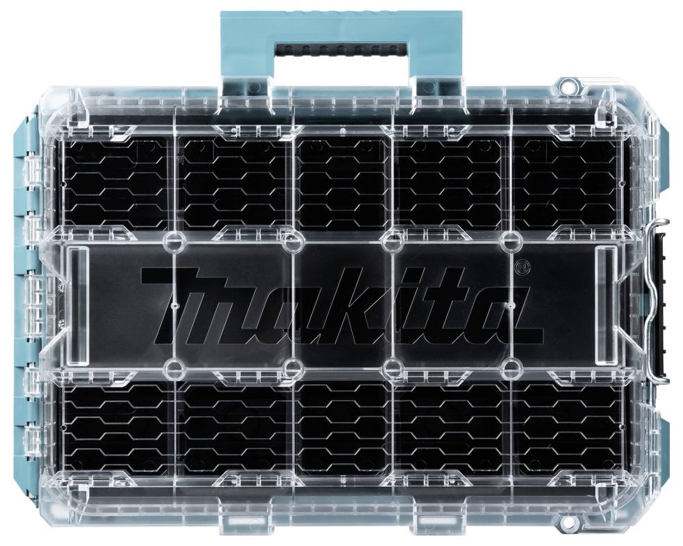 Transparent carrying case with a turquoise handle and hexagonal compartments. The word 'Makita' appears on the case lid.