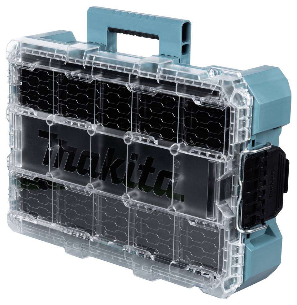 A transparent, grid-designed Makita toolbox with a teal handle and sides, used for organizing and carrying small tools or components.