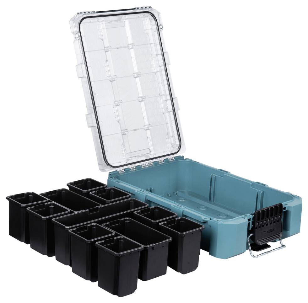 A turquoise storage case with a transparent lid is open, displaying multiple black compartments for organizing small items or tools.
