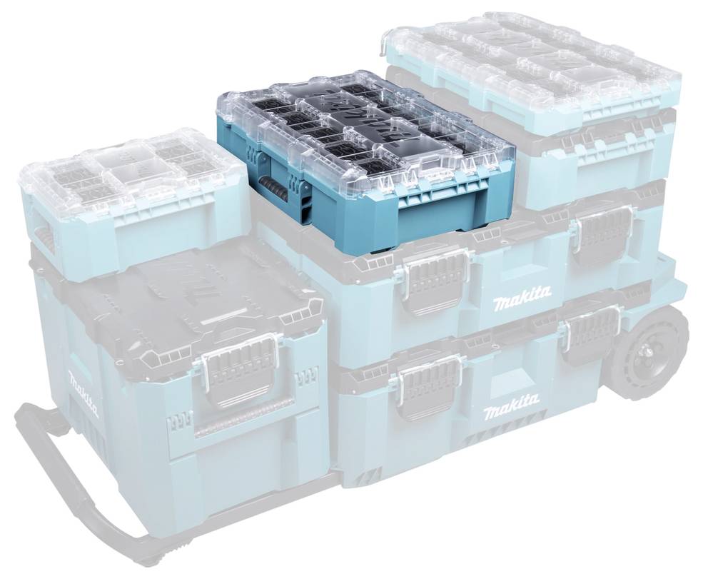 'Makita toolboxes stacked with one highlighted case containing adjustable compartments for organizing small items.'